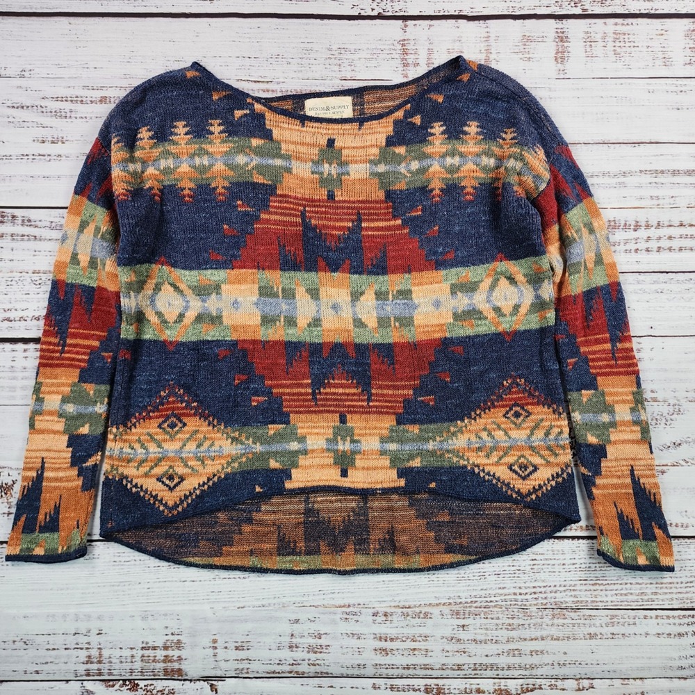 Denim & Supply Ralph Lauren Southwestern Boatneck Sweater Womens XS Blue Orange